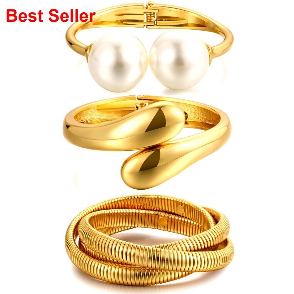 Chunky Gold Bangle Bracelets, Stackable Chain Set, Metal Jewelry